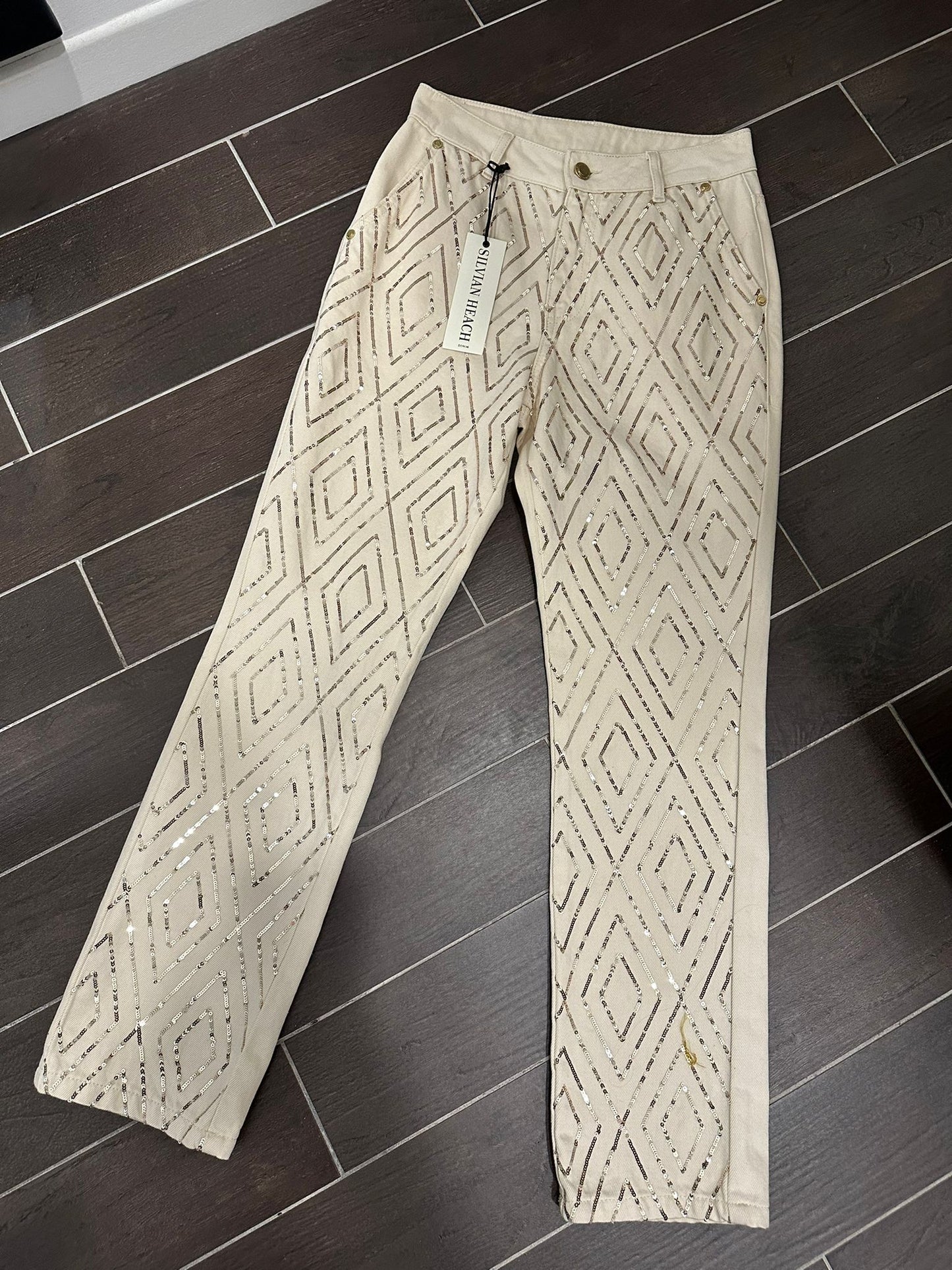 PANTALONE DENIM BEIGE PAILLETTES SILVIAN HEACH